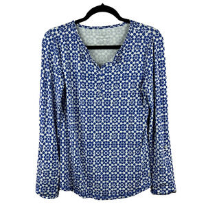 Talbots White & Blue Geometric Print SPF Shirt – Long Sleeve XS
